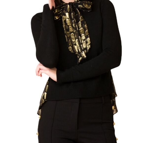 NWT Veronica Beard Black Gold Merino Wool Silk Concord Mixed Media Sweater - Picture 1 of 7